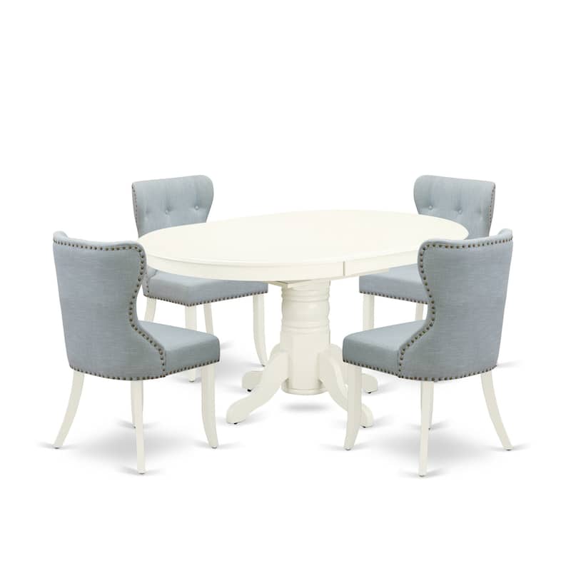 East West Furniture Kitchen Set- an Oval Dining Table and 4 Baby Blue Linen Fabric Parson Chairs, Linen White(Pieces Options)