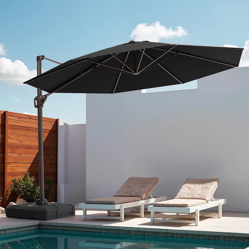 Outdoor 11 Ft Patio Cantilever 360 Degree Rotation Offset Umbrella with Base - Black