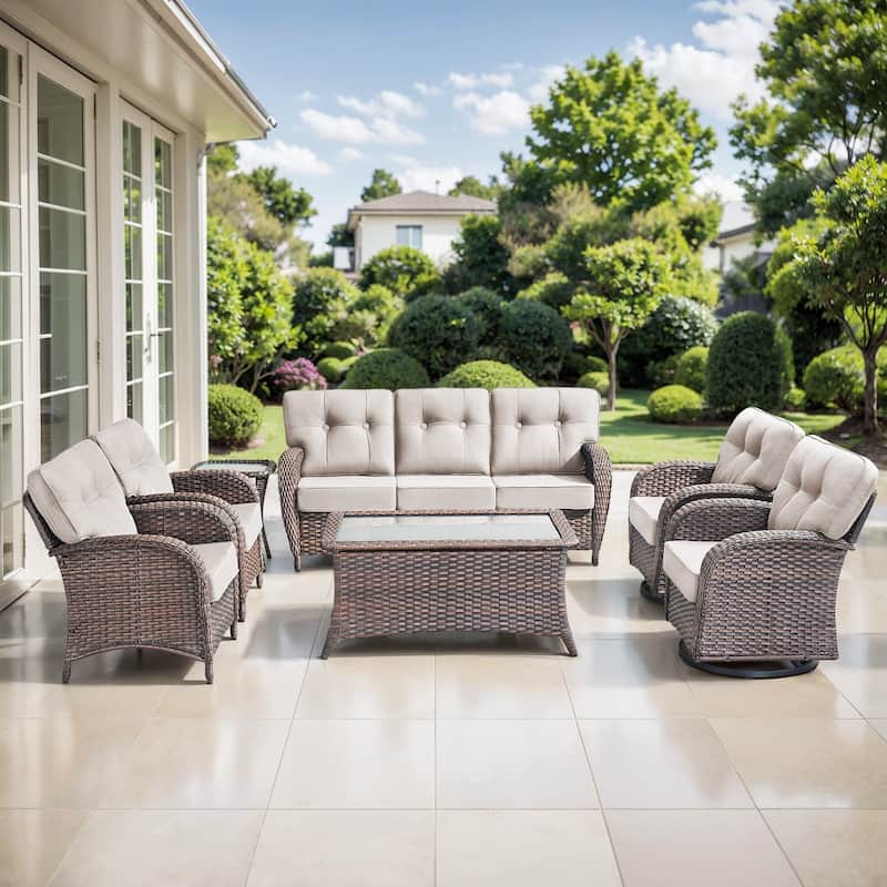 TWrap 7-Piece Patio Brown Wicker Sofa Conversation Set with 5-Inch Thick Cushions - Brown/Beige - 7-Piece