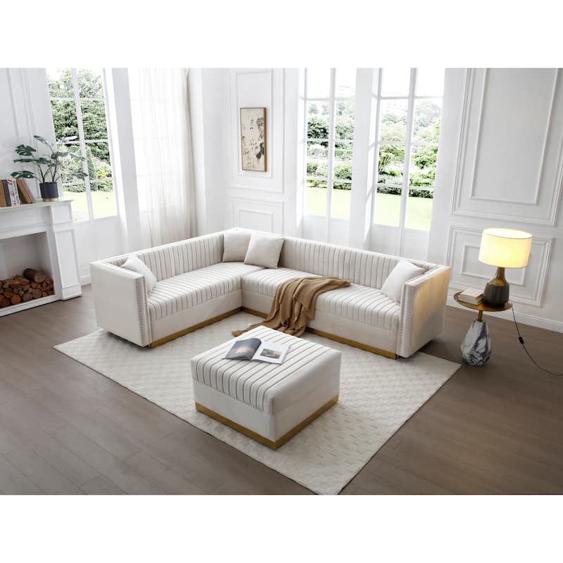 Luxurious Velvet Vertical Channel Tufted L-Shaped Corner Sectional Sofa with Convertible Ottoman and 4 Pillows