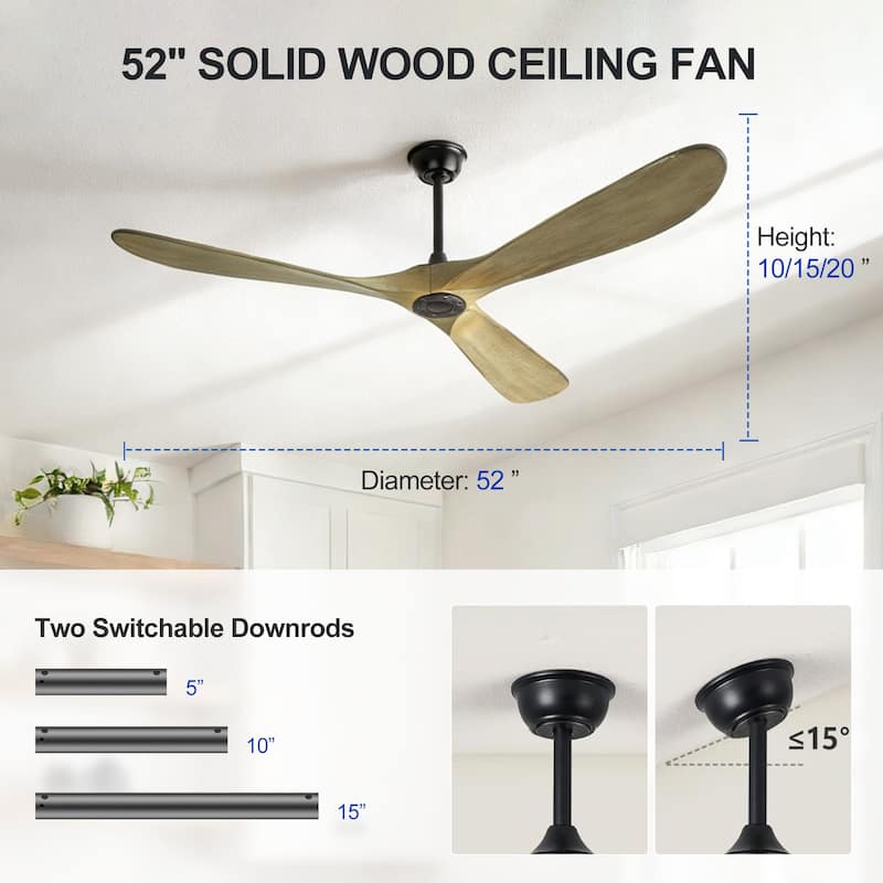 Sofucor 52/60/72 Inch Large Solid Wood Ceiling Fan without Light,With Wall Switch and Remote,for Patio,Living Room,Bedroom,Porch
