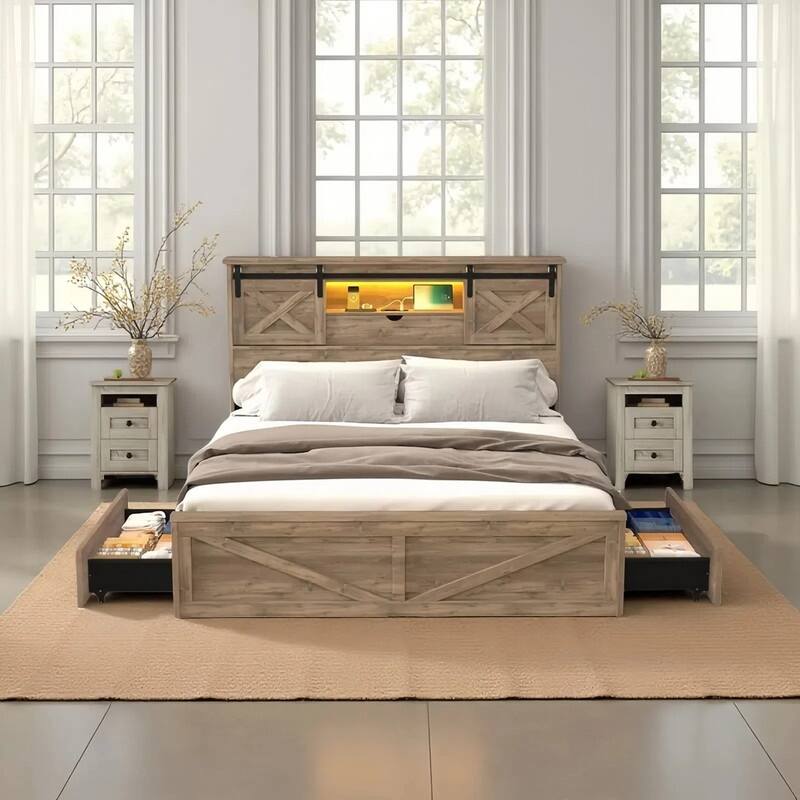 3-Pieces Bedroom Sets ,Farmhouse Bed Frame Queen Size with LED Lights and Charging Station,Nightstands Set of 2 with 2-Drawer - Grey