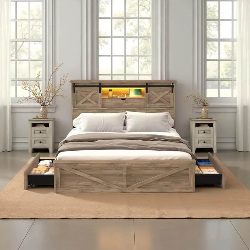 3-Pieces Bedroom Sets ,Farmhouse Bed Frame Queen Size with LED Lights and Charging Station,Nightstands Set of 2 with 2-Drawer