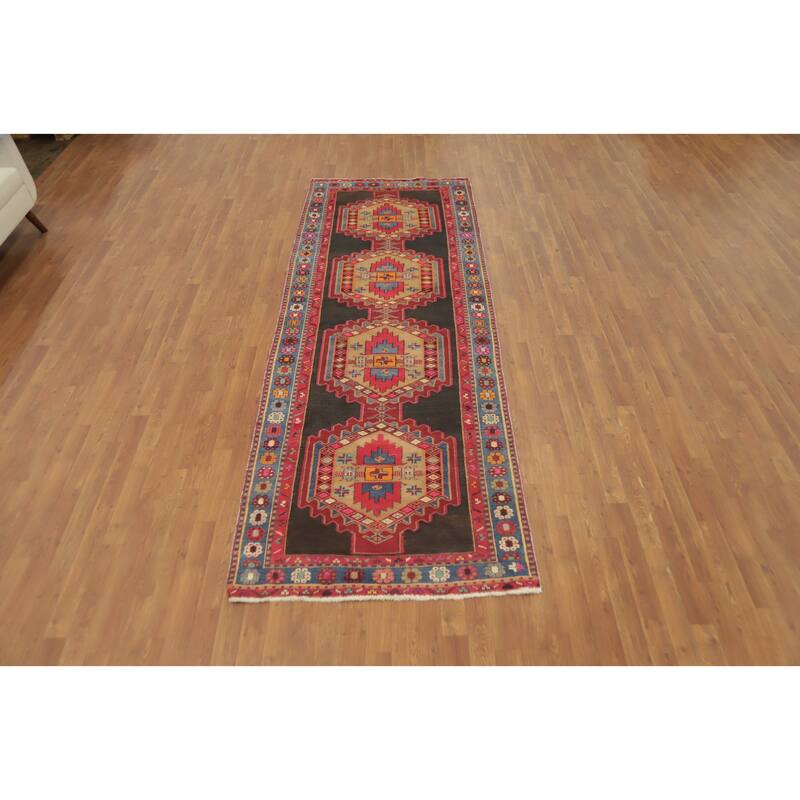 Hand Knotted Oriental 100% Wool Carpet Traditional Geometric Greys & Charcoal Ardebil Runner Rug - 10' 1'' X 3' 8''
