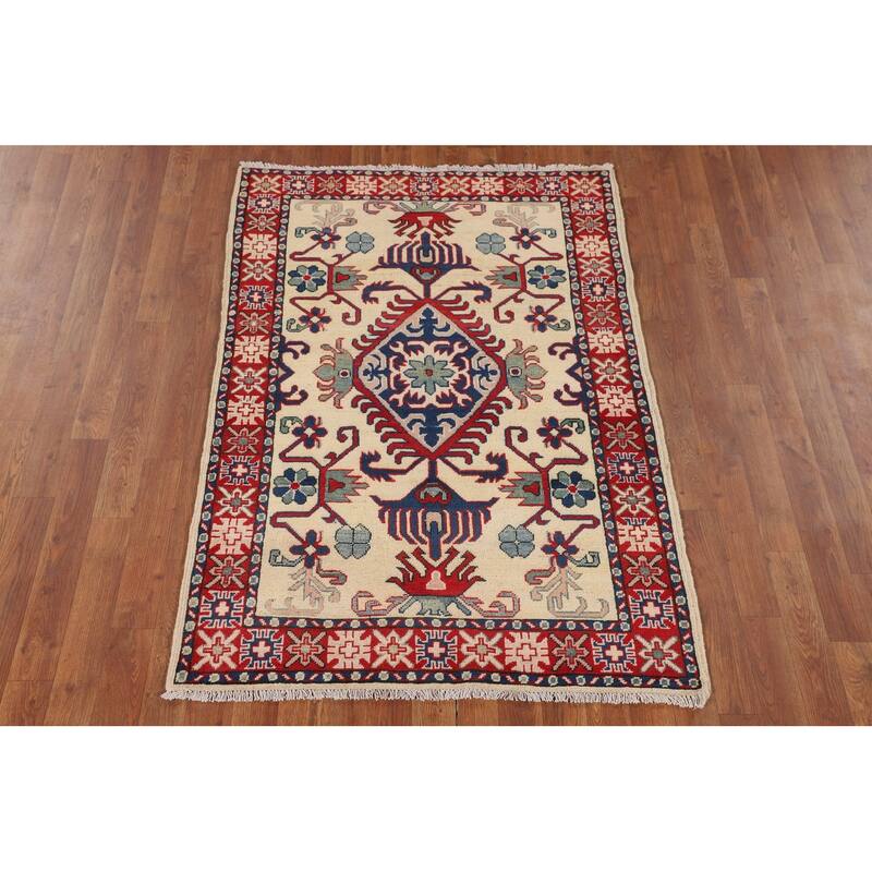 Geometric Kazak Accent Rug Hand-Knotted Foyer Wool Carpet - 3'5" x 4'10"