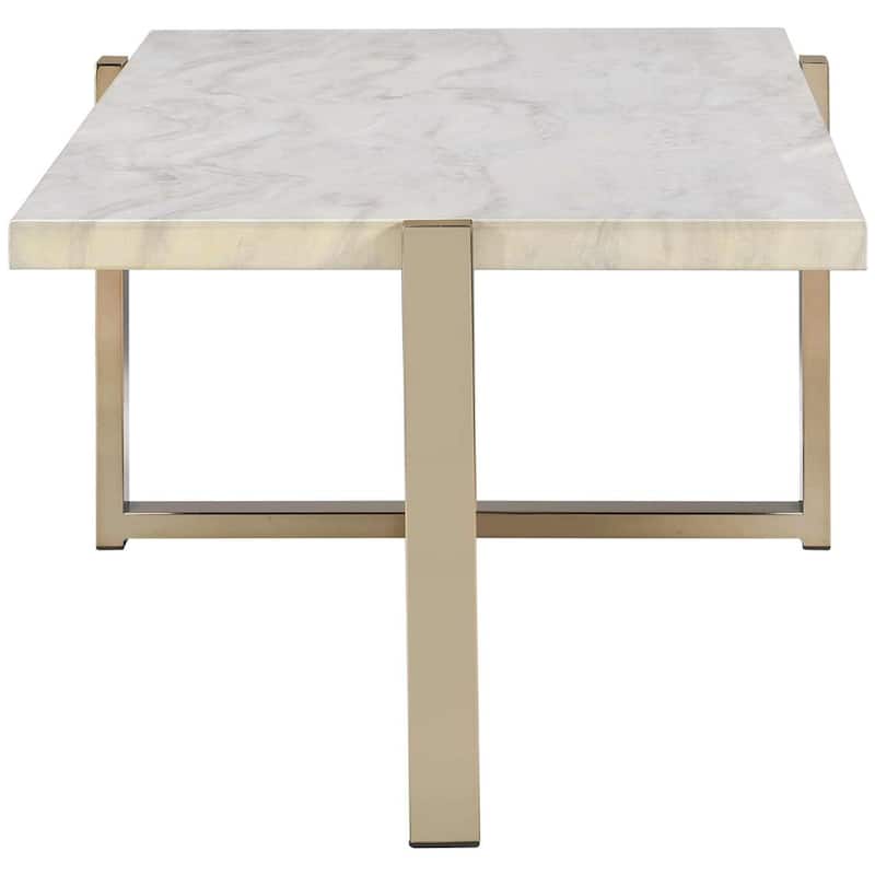 Modern Metal Framed Coffee Table with Faux Marble Top, White and Gold