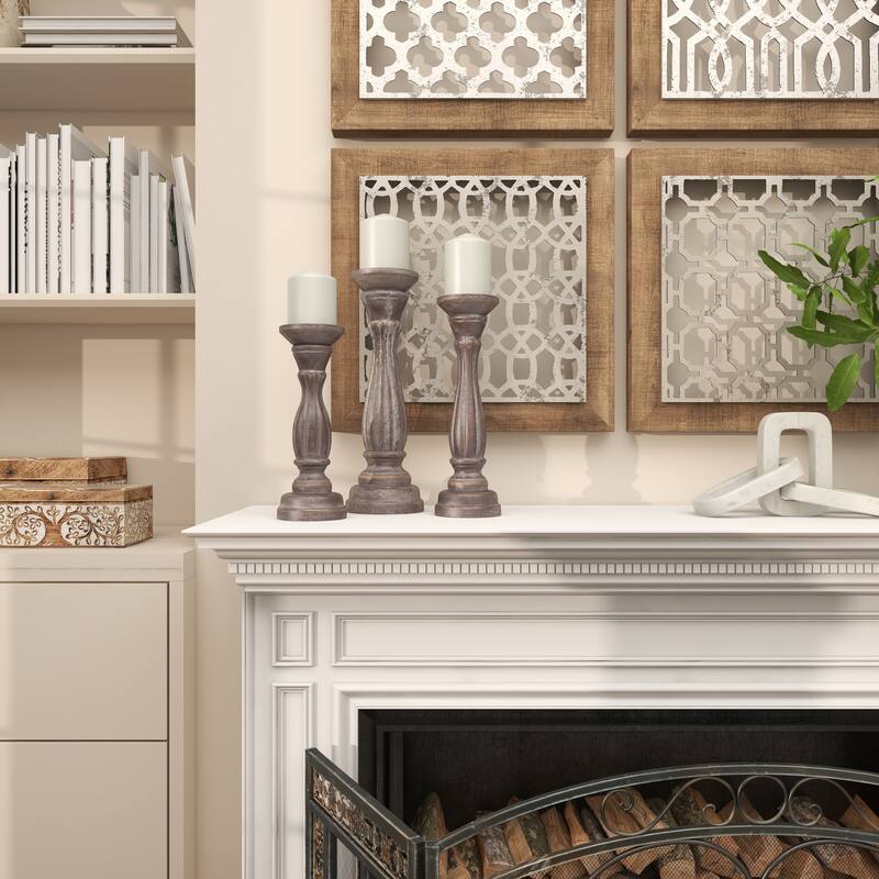 Gray, Green, Brown or Blue Wooden Distressed Turned Decorative Candle Holder (Set of 3)