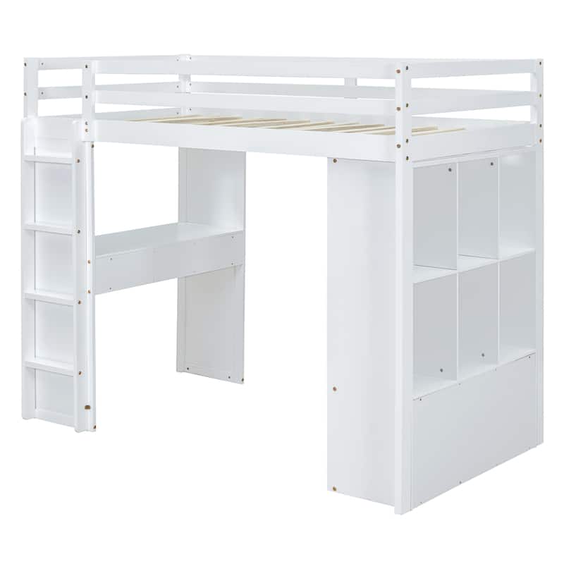 Twin Size Solid Wood Loft Bed with large shelves, writing desk and LED Light for Bedroom