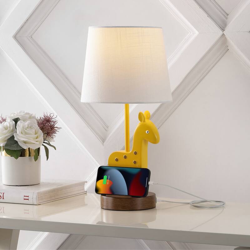 Ellie 17.5" Mid-Century Iron/Resin Giraffe LED Kids' Table Lamp with Phone Stand and USB Charging Port, Yellow by JONATHAN Y