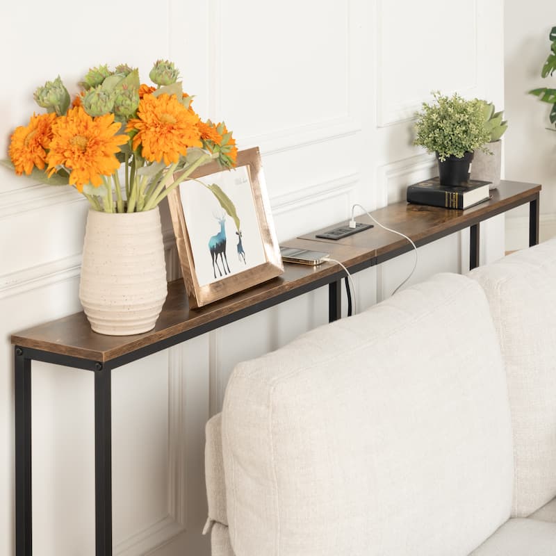 Homy Casa Console/Sofa Table with Outlets & USB Ports, Metal Frame