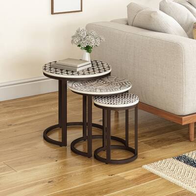 The Curated Nomad Pauletta Round Wood Hand-Carved Nesting Side Tables