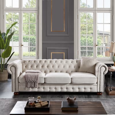Beige Linen Fabric Chesterfield Sofa, 88x37x28 inches
