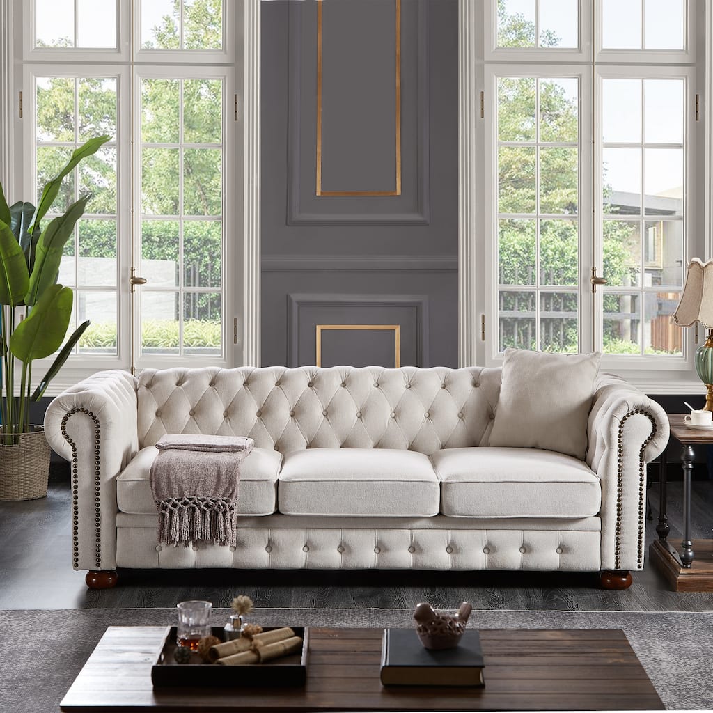 Beige Linen Fabric Chesterfield Sofa, 88x37x28 inches