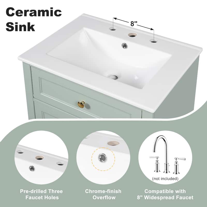 24" Bathroom Vanity with Sink, MDF & Pinewood Construction, 3 Drawers & Cabinet with 2-Tier Door Storage Rack, Soft-Close