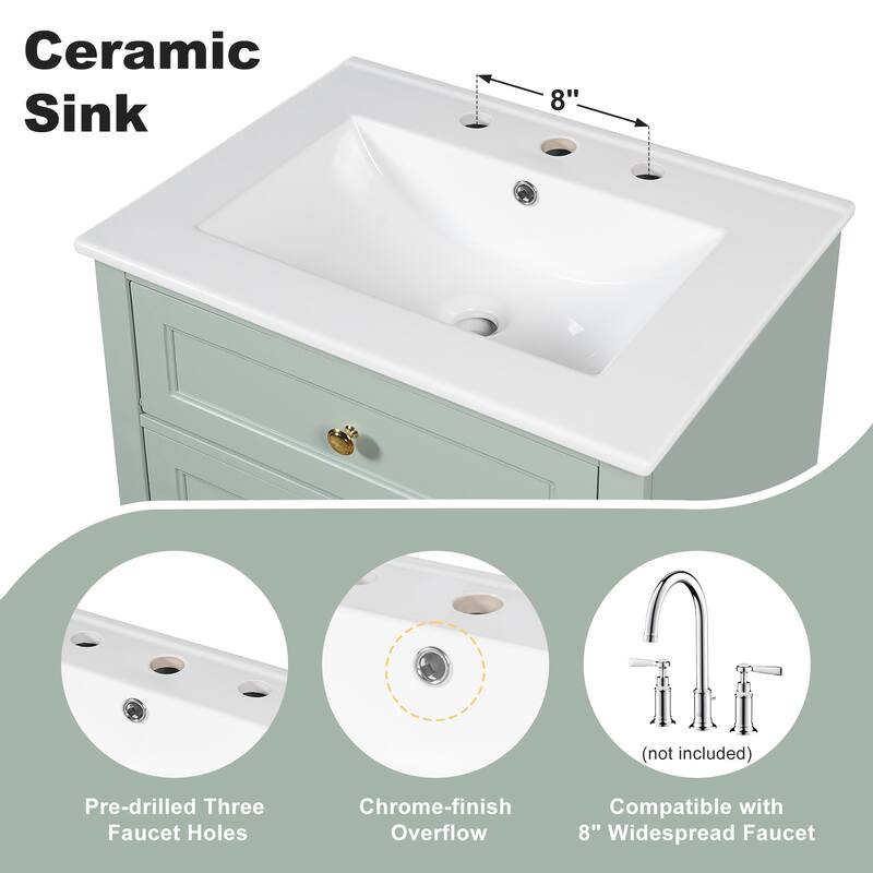 Roomfitters 24" Bathroom Vanity with Sink, Solid Pinewood Frame, 3 Drawers & Cabinet with 2-Tier Door Rack