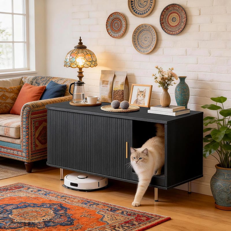 38.5" Cat Litter Box Enclosure with Scratch Pad and Sliding Door,Cat Hidden Litter Box Cabinet,Modern Indoor Cat House,TV Stand