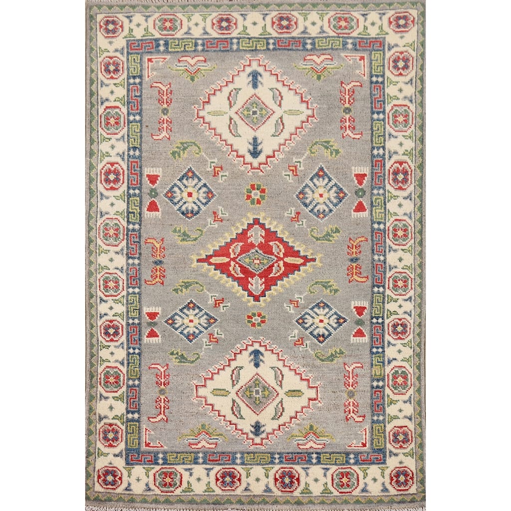Gray Geometric Kazak Foyer Rug Hand-Knotted Oriental Wool Carpet - 2'8" x 4'1"
