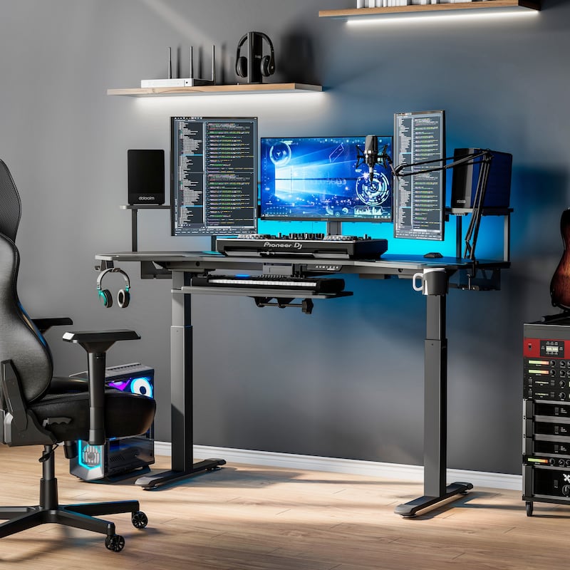 Eureka 72" Black Computer Desk Gaming Standing Desk with Hutch Keyboard Tray