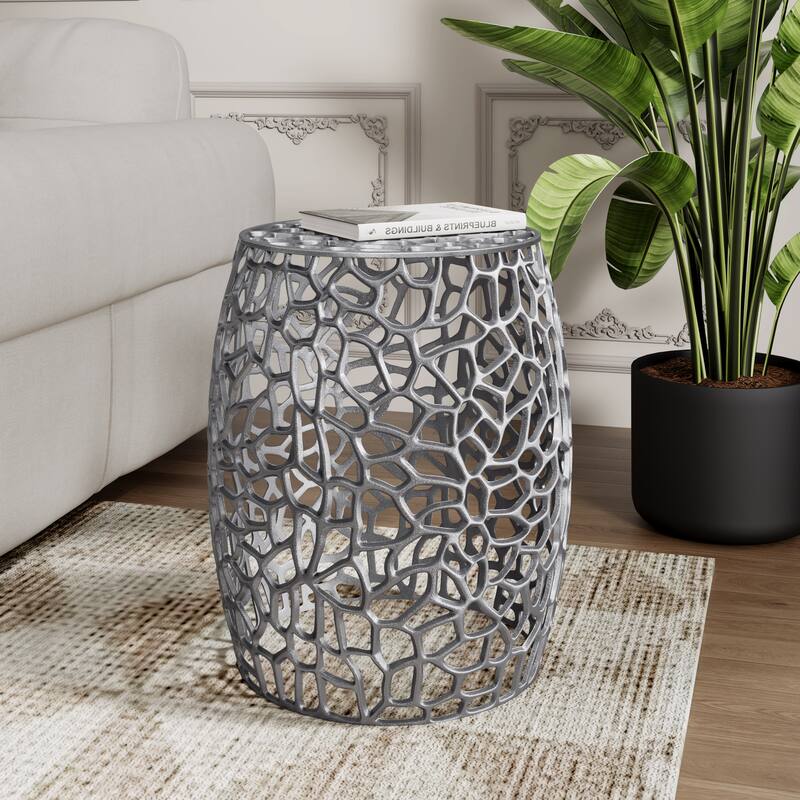 Modern Aluminum Drum End Table with Intricate Design - Silver