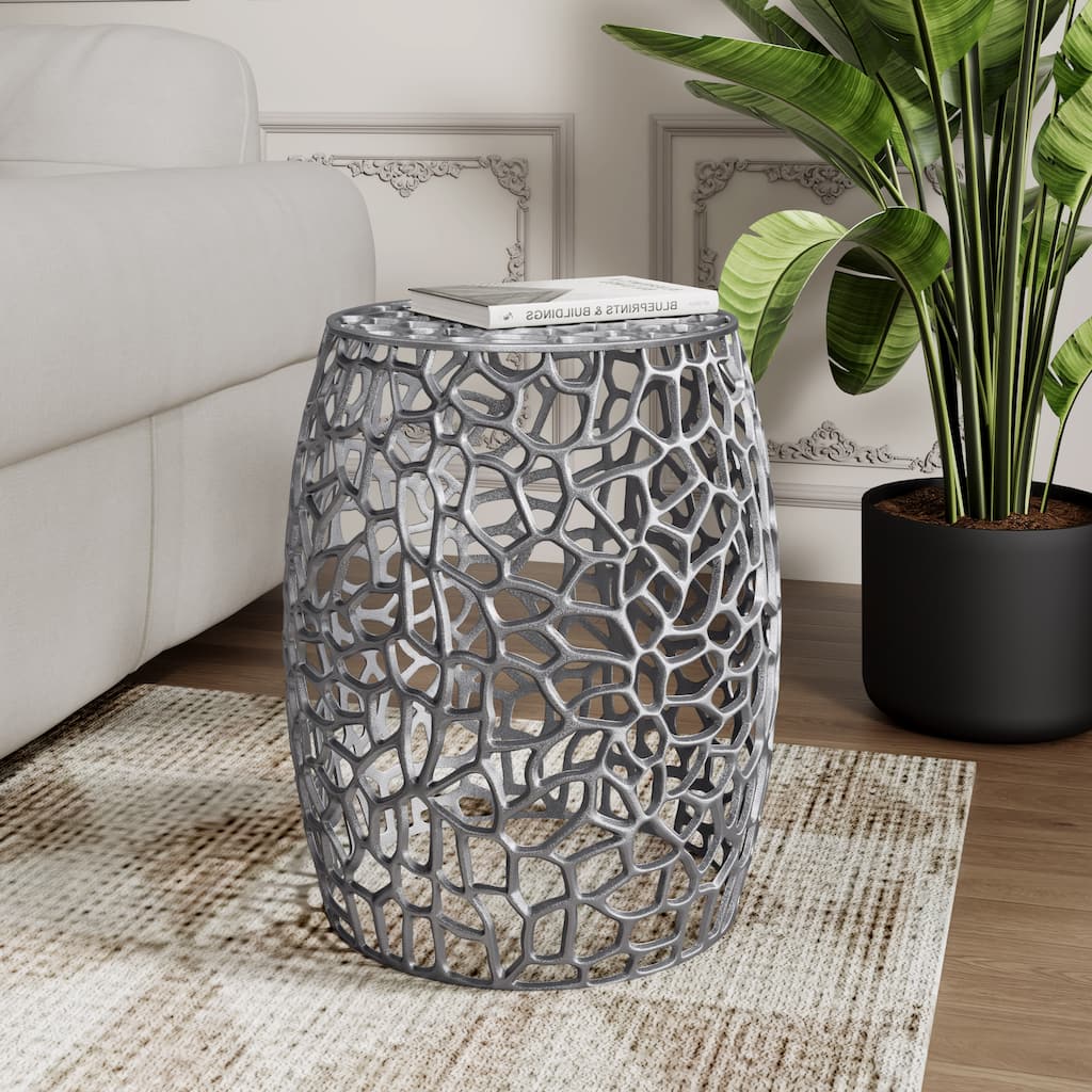 Roomfitters Aluminum Drum End Table with Intricate Openwork Accent Table for Living Room