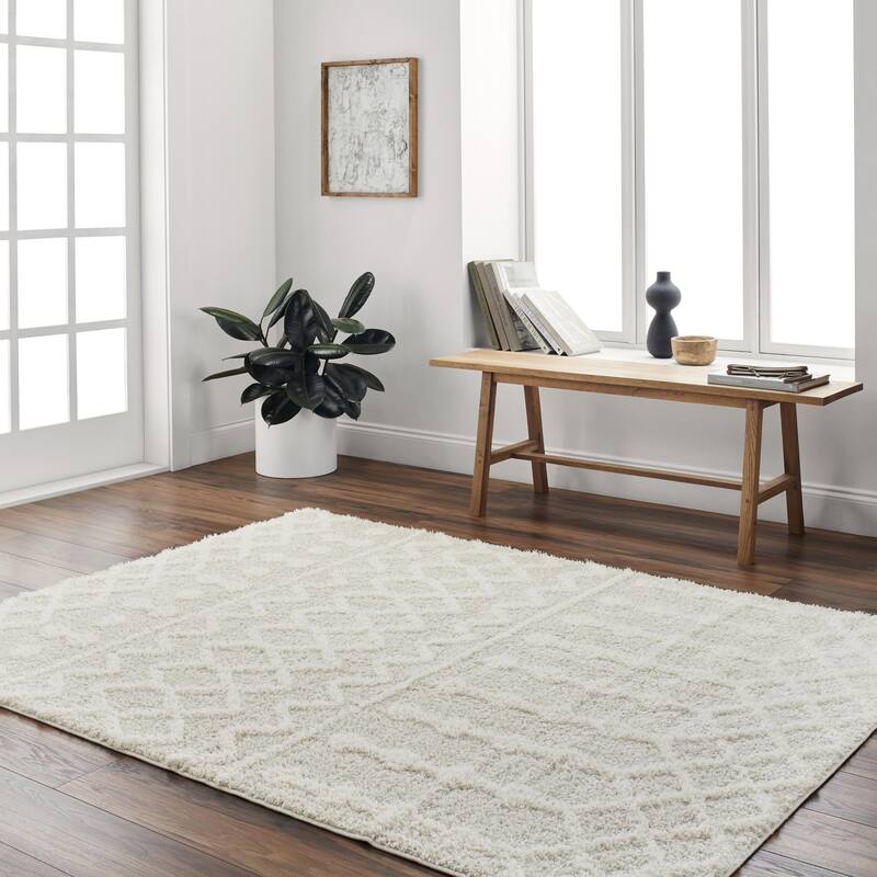 Livabliss Rodos Moroccan Diamond Plush Area Rug - 5' 3" x 7' - Beige/White