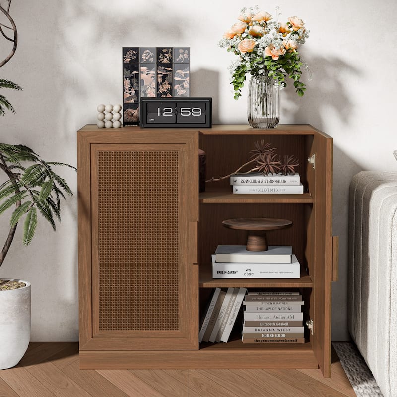 Modular Sideboard Cabinet with Storage Farmhouse Buffet Cabinet with Rattan Panels for Living Room Kitchen Dining Room Entryway - Walnut - 31 " x 31 " x 16 "