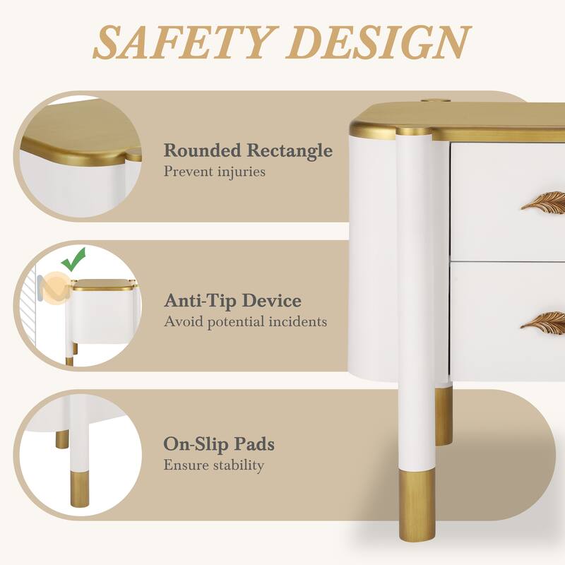 Modern 2 Drawers Nightstand Bedside Table with Metal Feather-Shaped Handles