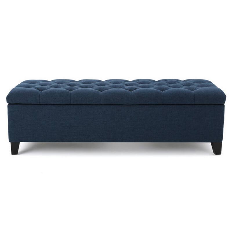 Elias Storage Bench, 51 Inch Button Tufted Blue Velvet, Solid Wood