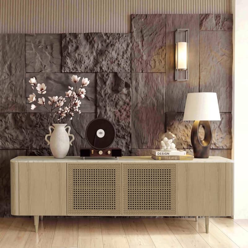 Spruce & Spring Modern 79'' Rattan Storage TV Stand with Solid Wood Legs and Marble Top