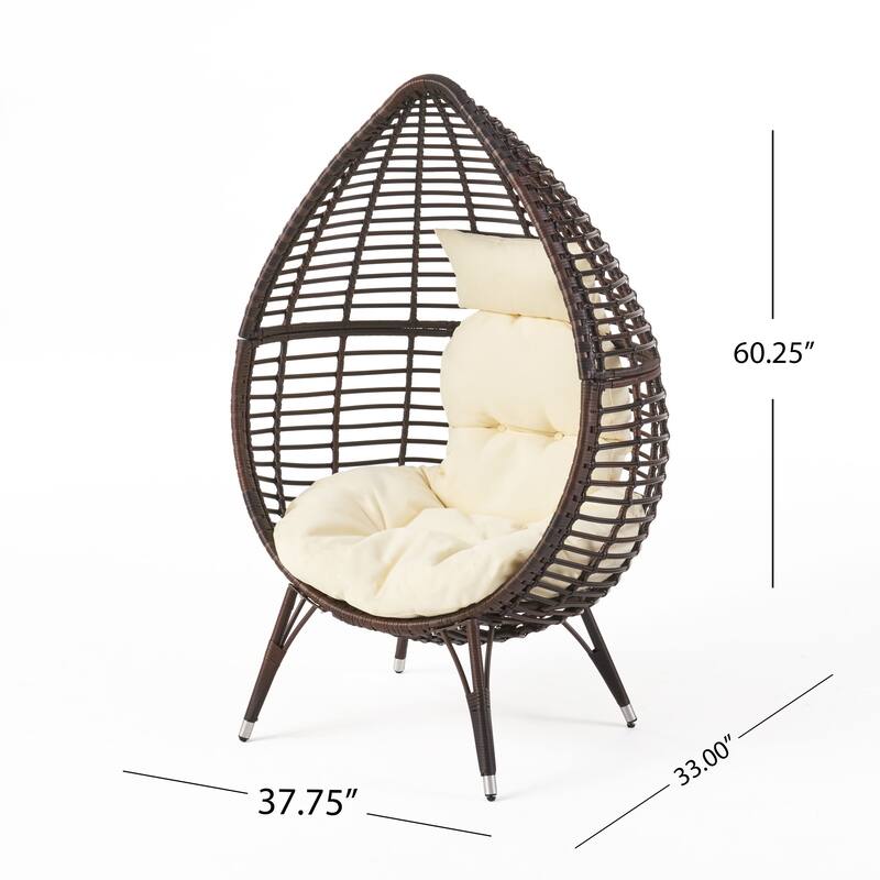 Roomfitters Outdoor Indoor Wicker Egg Chair, Teardrop Lounge Chair with Soft Cushions and Metal Legs for Patio, Brown+Beige
