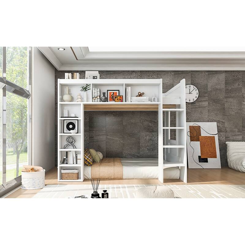Roomfitters Queen Size Loft Bed with Storage Cabinets and Bookshelves