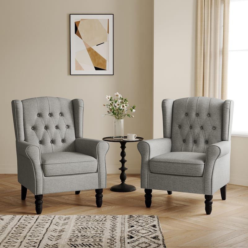 Button-Tufted Accent Club Chair Wingback Armchair Set of 2 - Light Gray