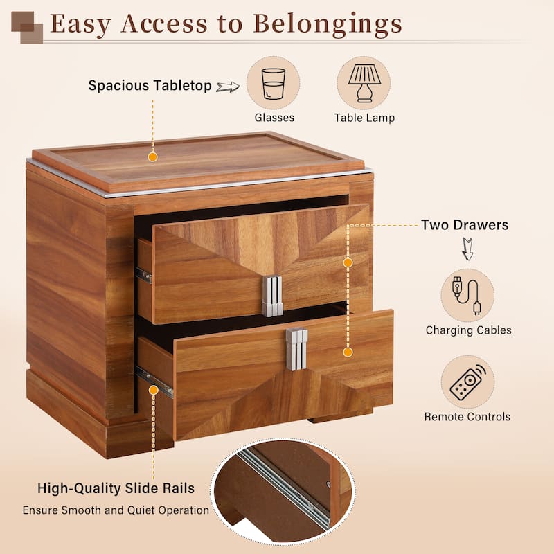 Mid-Century Modern Nightstand for Bedroom, 2 Drawers Sofa Side Table, Wooden Diamond Shaped Bedside Table