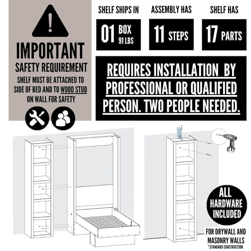 Easy-Lift Full Murphy Wall Bed with Two Bookshelves