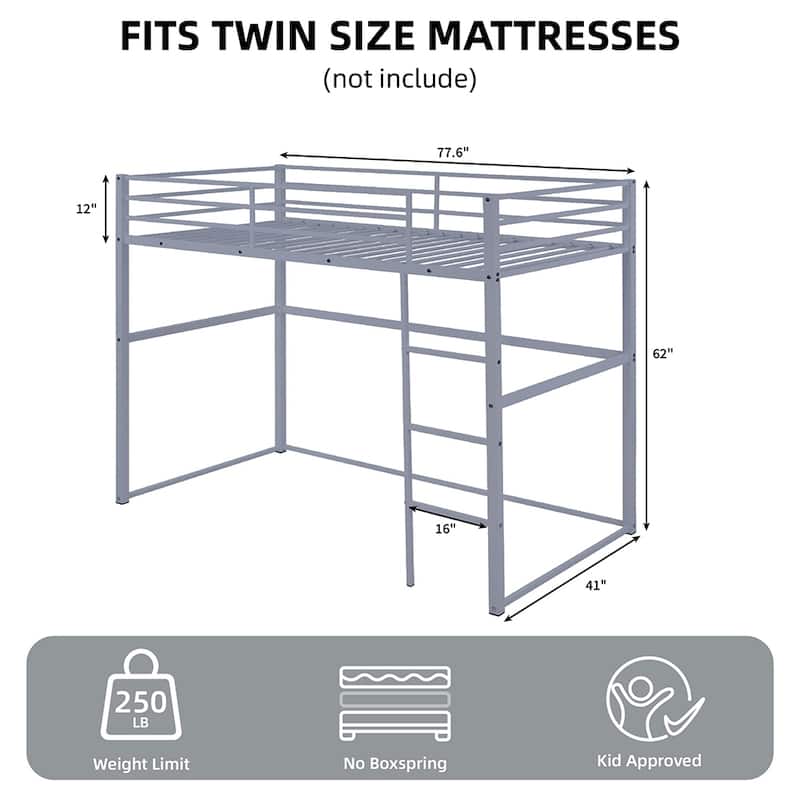 Metal Loft Bed Twin, Loft Bed Frame with Guard Rails and Flat Ladder