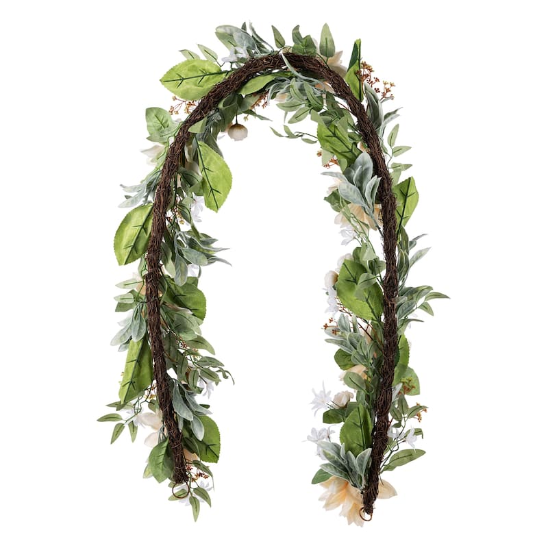 Glitzhome Peach Dahlia Floral Wreath Teardrop Garland