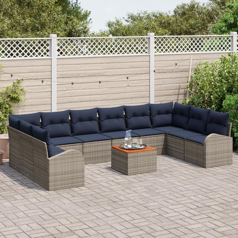 vidaXL 11 Garden Sofa Set with Cushions Black/Grey Poly Rattan - 135.4 x 70.5 x 27.2