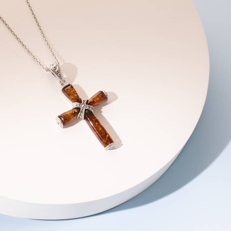 Amber Cross Pendant in Sterling Silver