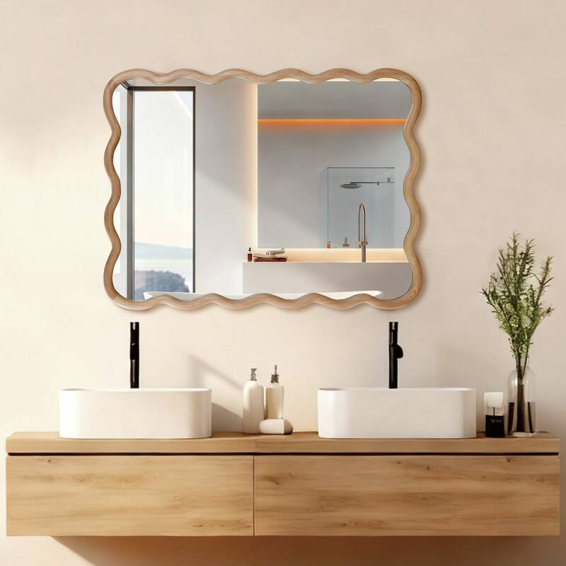Natural Wood Wavy Rectangle Solid Wood Decorative Mirror - Bedroom, Bathroom, Living Room - Natural Wood