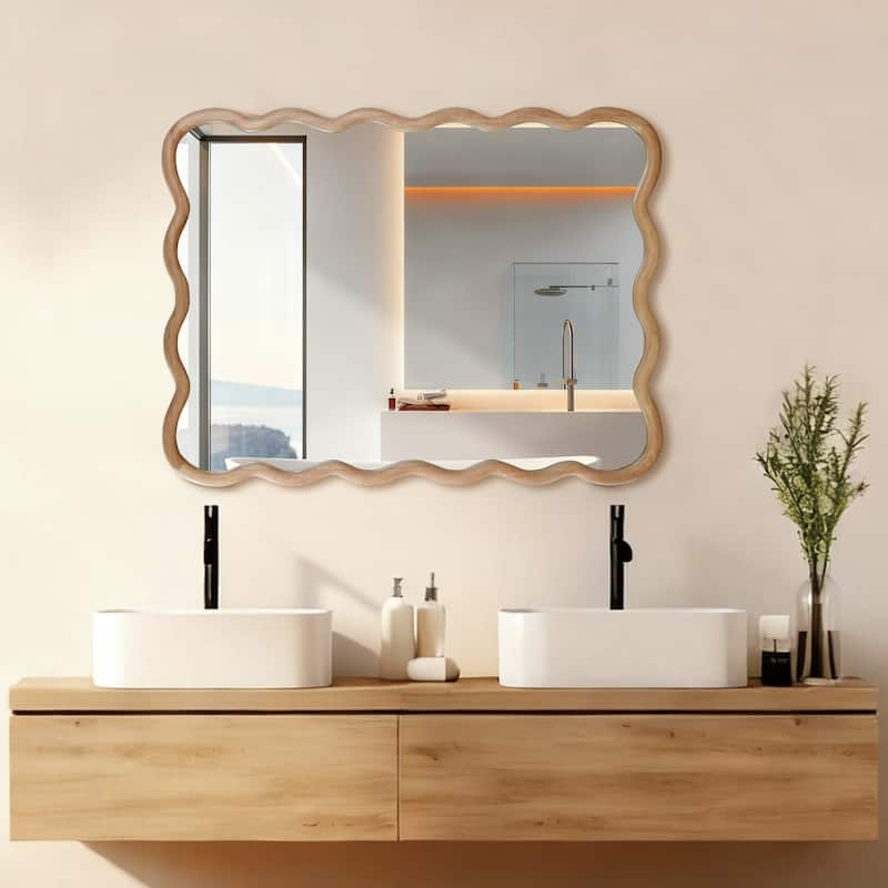 Wavy Rectangle Solid Wood Frame Decorative Mirror - Natural