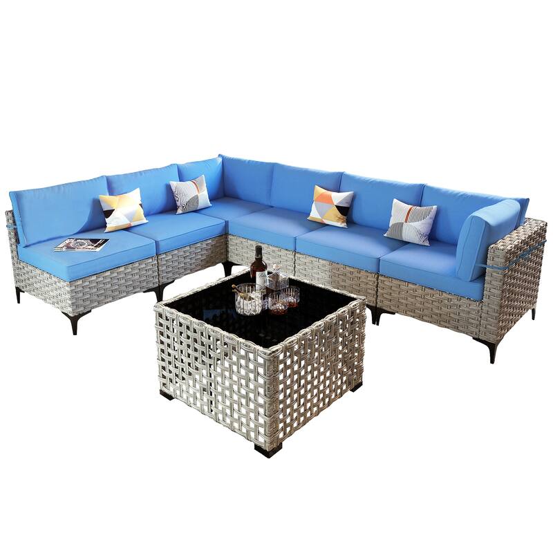 OVIOS 7 Pieces Outdoor Wicker Furniture Set With Solar-Powered Coffee Table