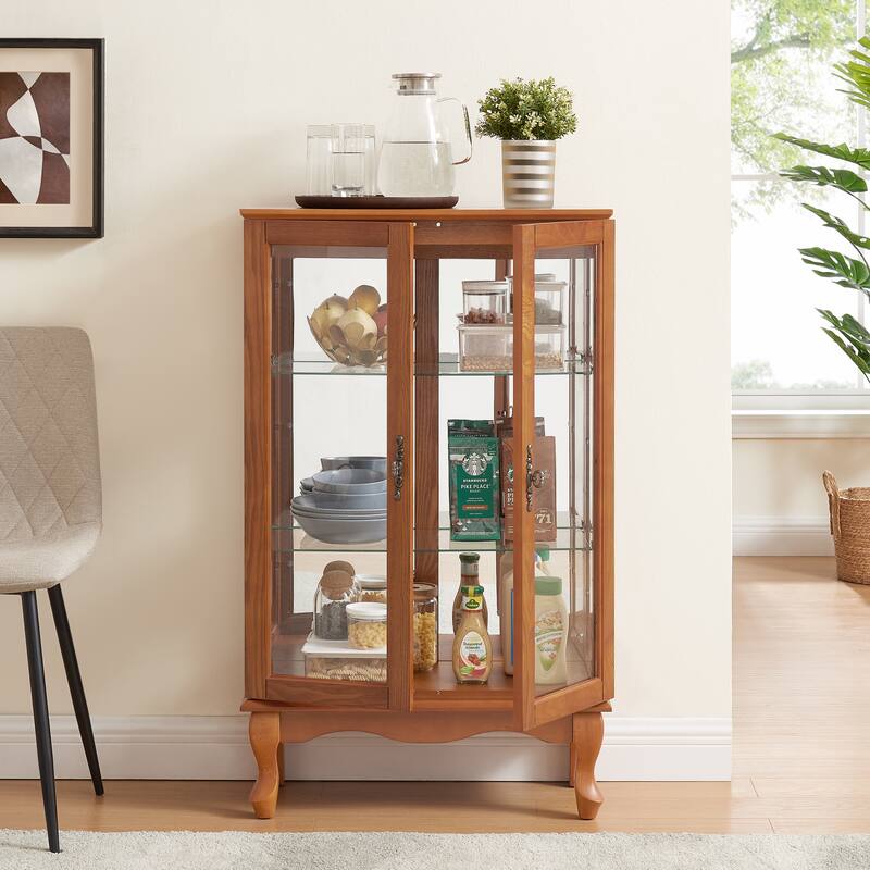 GDF Studio - American Retro Curio Cabinet with Lighted Display & Mirrored Back - Dark Oak