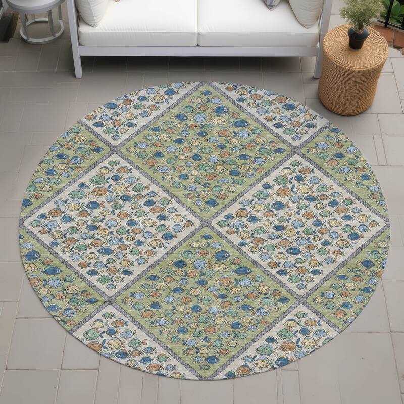 Machine Washable Indoor/ Outdoor Diamond Fish Chantille Rug - Aloe - 8' x 8'
