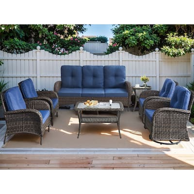 7 Piece Outdoor Wicker Sofa with Swivel Rocking Chairs - Brown