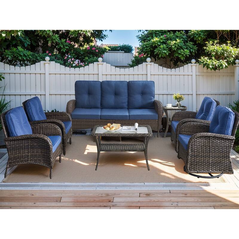 7-Piece Patio Sofa Wicker Swivel Rocking Chair Set - Blue - Brown