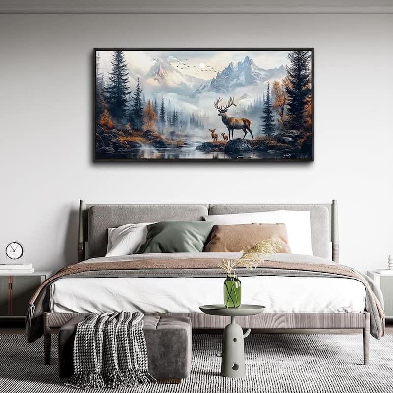 Elk Foggy Mountain Landscape Painting Scenery Stretched and Framed