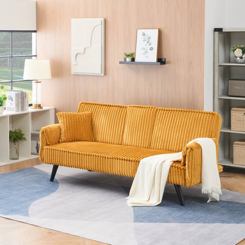 Corduroy Convertible Sleeper Sofa Bed, Upholstered Loveseat with Armrests, Small 2 Seater Sofa with Retractable Cup Holder - Orange