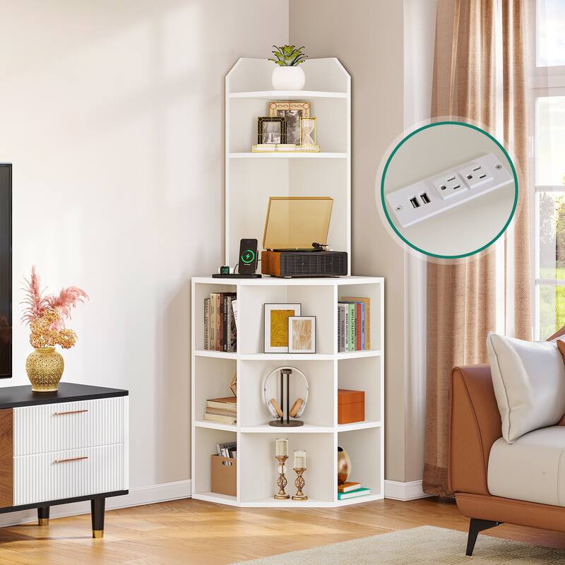 Moasis Industrial Corner Display Bookshelf Bookcase with USB Ports and Outlets