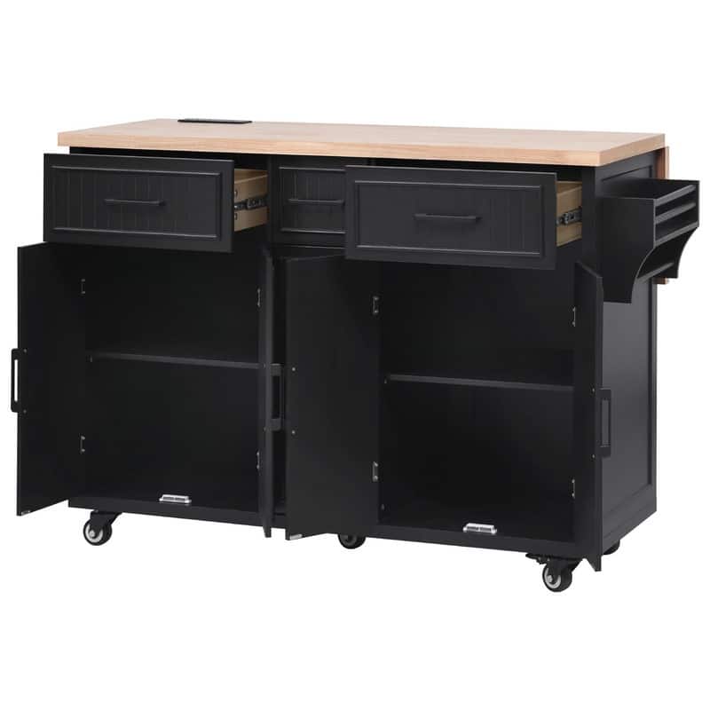 56.5" Kitchen Island with Drop Leaf and Charging Station, Rolling Kitchen Cart on Wheels with Drawers and Adjustable Shelves