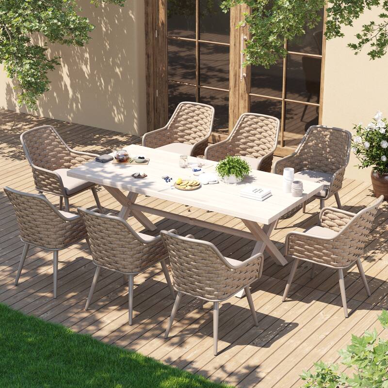 Outdoor Patio Dining Sets with Handwoven Rope Chairs and X-leg Aluminum Dining Table for 8 Persons - Beige